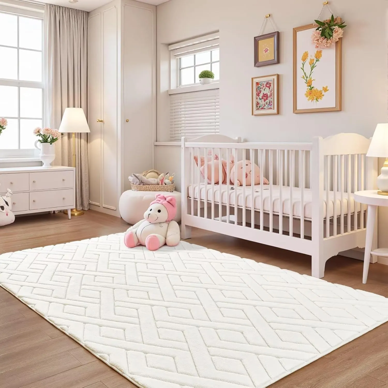 4x6 Cream Washable Area Rug for Girls Bedroom, Modern Geometric Shag Non-Slip Living Room Rugs, Fluffy Plush Soft Memory Foam Carpet for Kids Room Nursery Room Dorm Bedside Decor