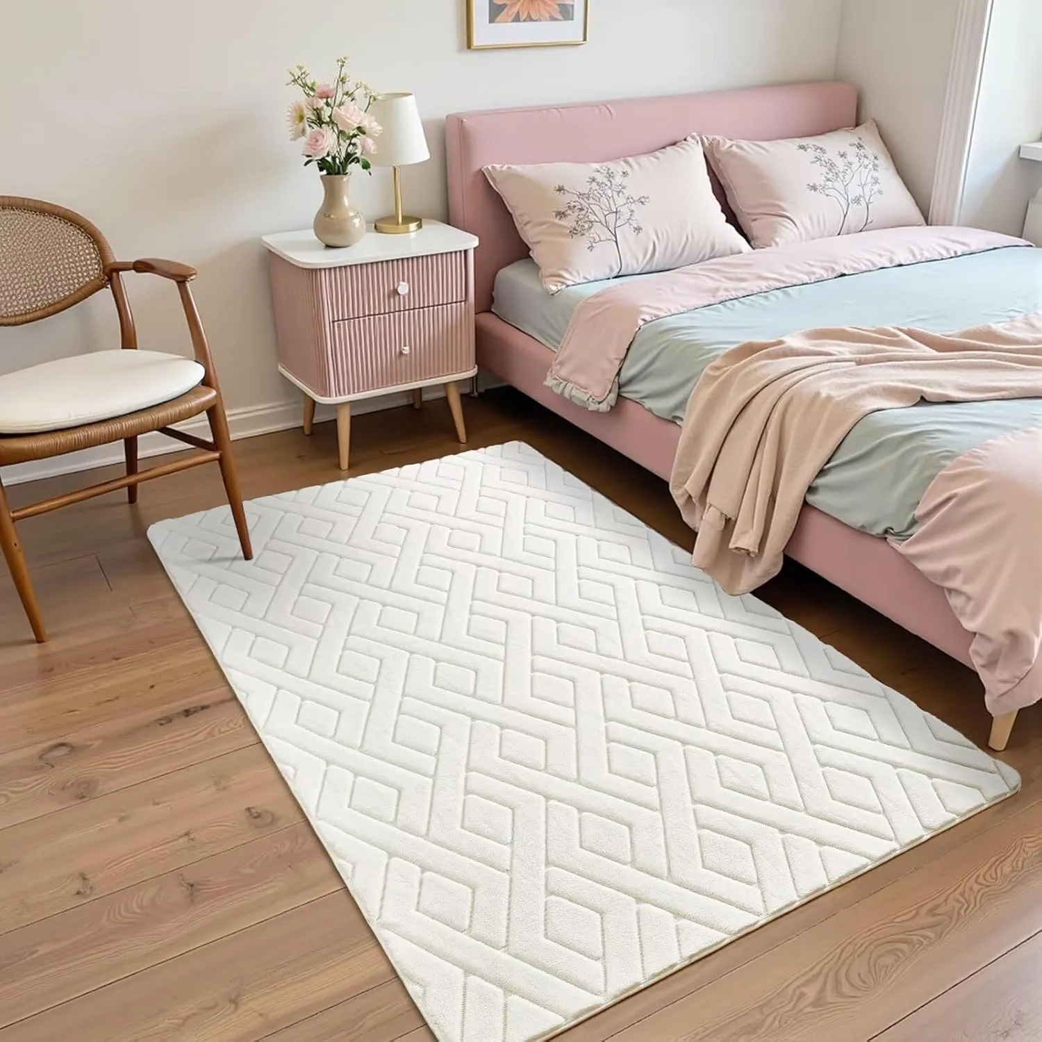 4x6 Cream Washable Area Rug for Girls Bedroom, Modern Geometric Shag Non-Slip Living Room Rugs, Fluffy Plush Soft Memory Foam Carpet for Kids Room Nursery Room Dorm Bedside Decor