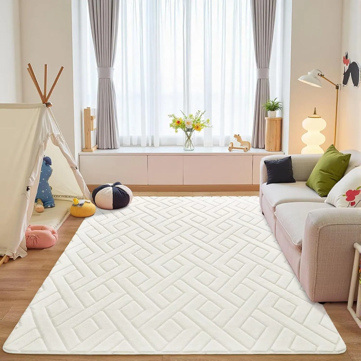 4x6 Cream Washable Area Rug for Girls Bedroom, Modern Geometric Shag Non-Slip Living Room Rugs, Fluffy Plush Soft Memory Foam Carpet for Kids Room Nursery Room Dorm Bedside Decor