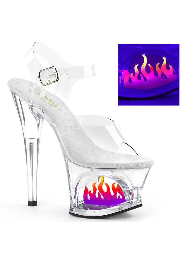 7" Heel, 2 3/4" Cut-Out PF Ankle Strap Sandal w/ Flame