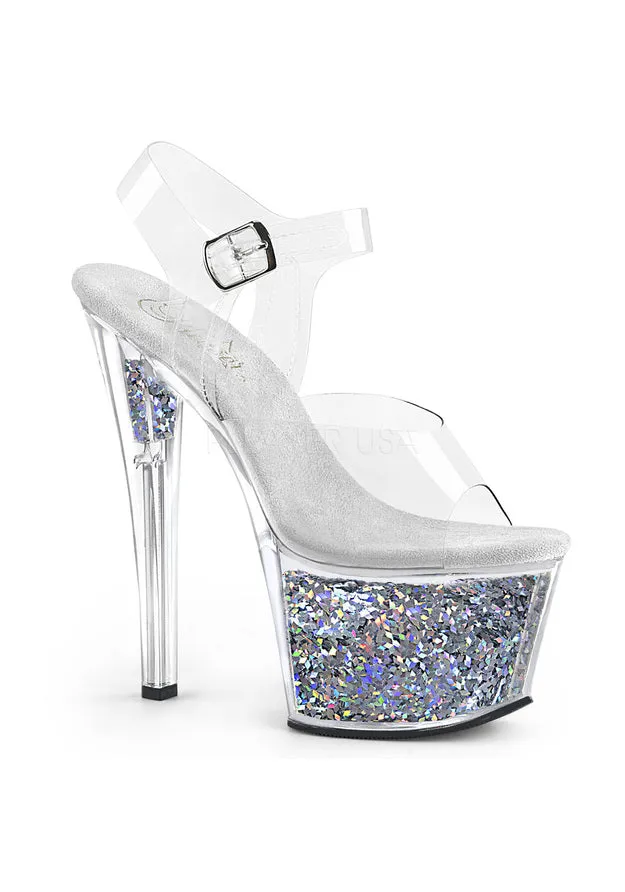 7" Heel, 2 3/4" Glitter Filled PF Ankle Strap Sandal