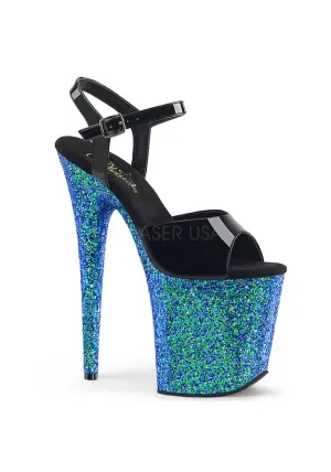 8" Heel, 4" PF Ankle Strap Sandal w/ Glitter Bottom