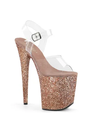 8" Heel, 4" PF Ankle Strap Sandal w/ Glitter Bottom