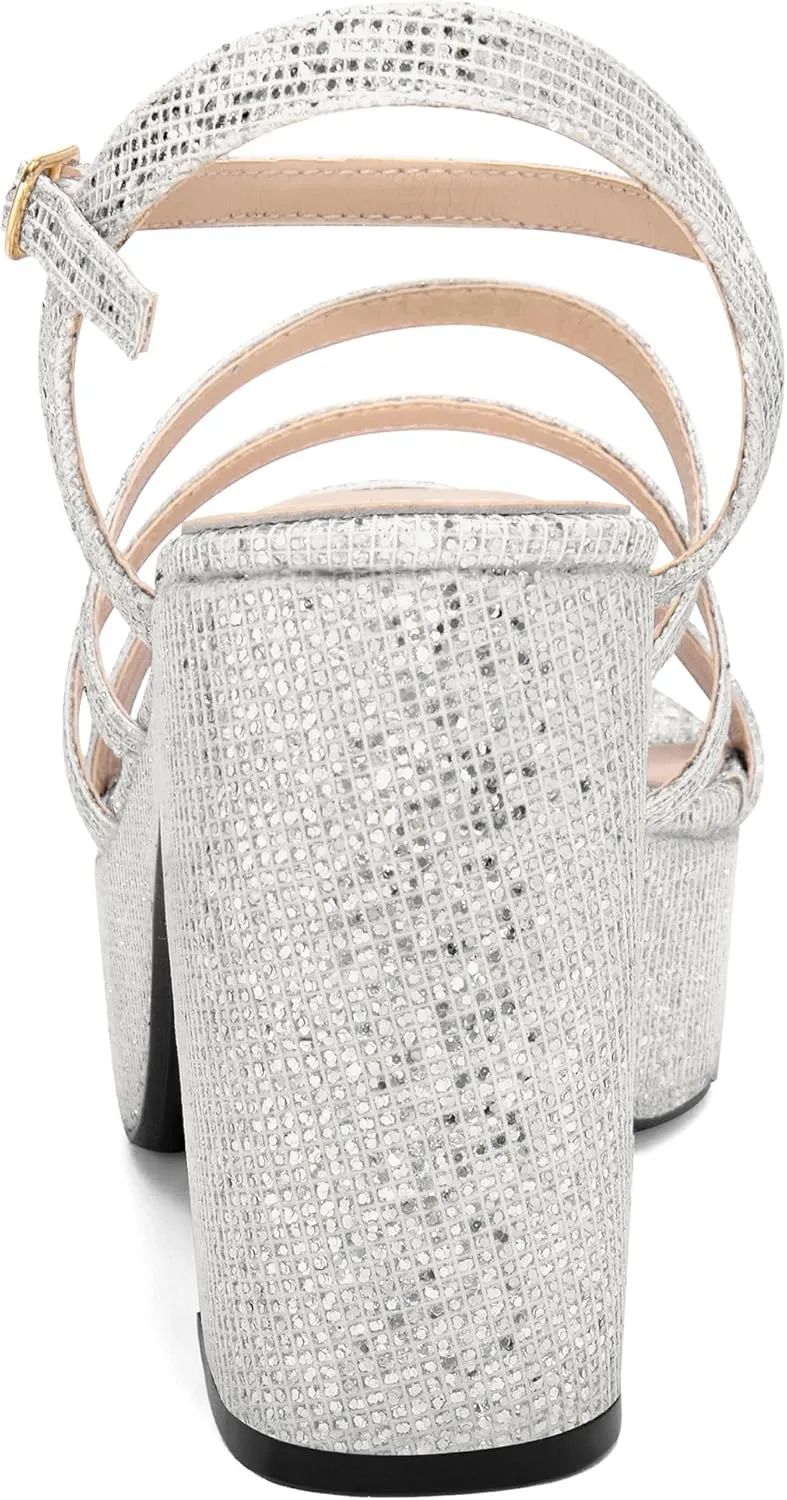 Allegra K Women's Glitter Sparkly Strappy Platform Chunky Heels Sandals