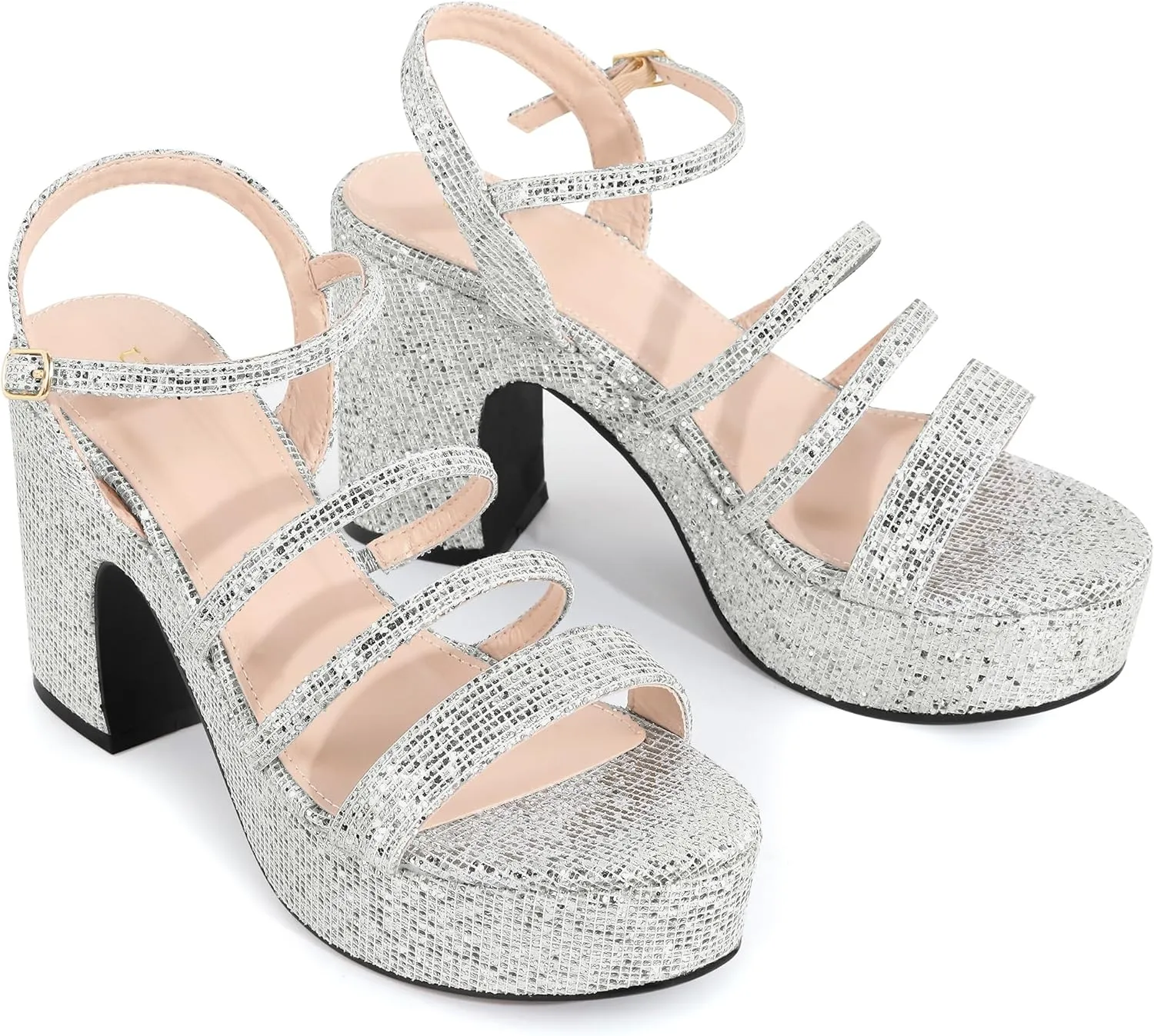 Allegra K Women's Glitter Sparkly Strappy Platform Chunky Heels Sandals