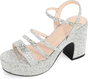 Allegra K Women's Glitter Sparkly Strappy Platform Chunky Heels Sandals