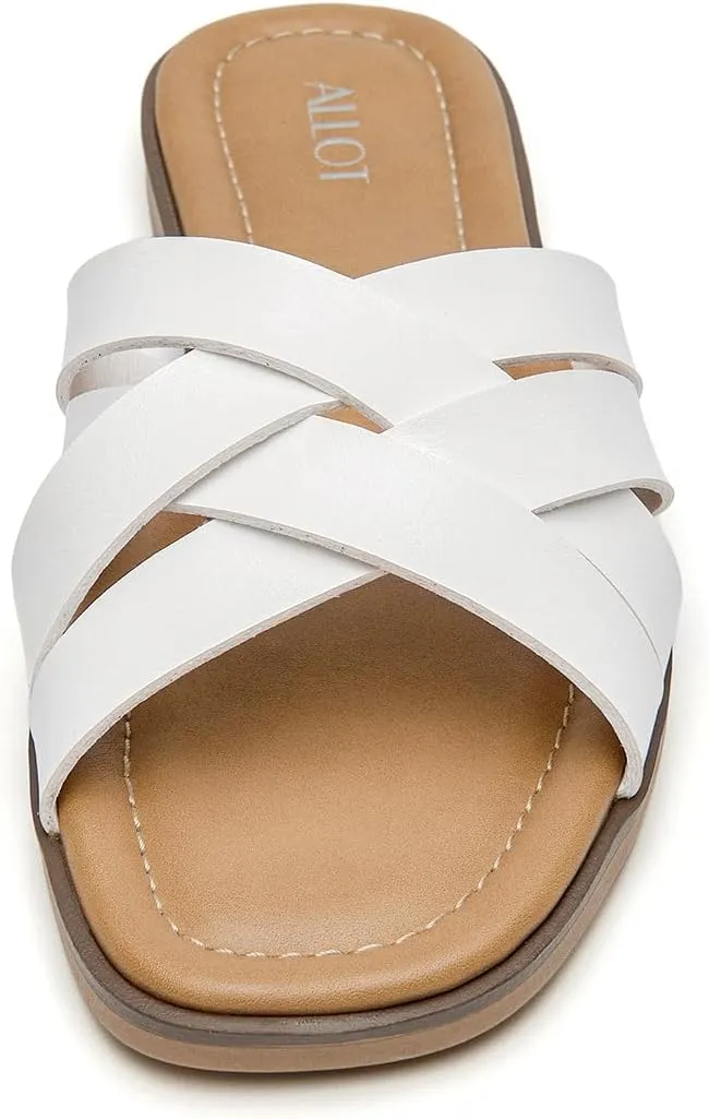 ALLOT Women's Flat Sandals Cross Straps Slides Slip On Open Toe Comfortable Summer Shoes
