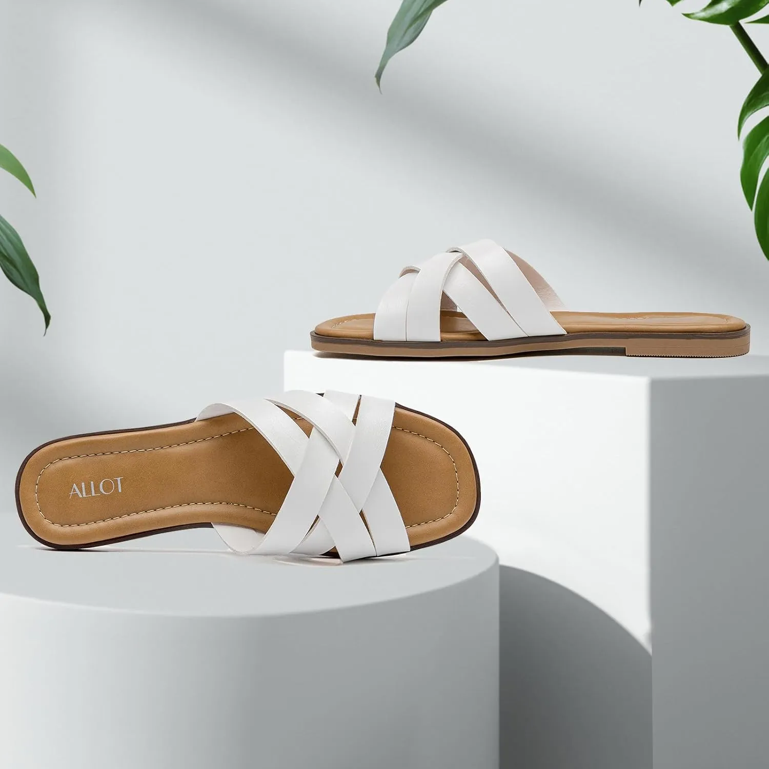 ALLOT Women's Flat Sandals Cross Straps Slides Slip On Open Toe Comfortable Summer Shoes