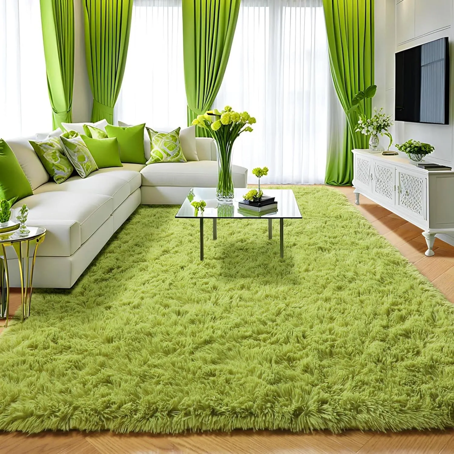 Amdrebio Grass Green Area Rugs 8x10 for Living Room Bedroom, Large Shag Fluffy Plush Rugs for Kids Room Baby Nursery Decor, Moss Fuzzy Fur Modern Floor Rug for Teen Boys, Shaggy Fuzzy Cool Big Carpet
