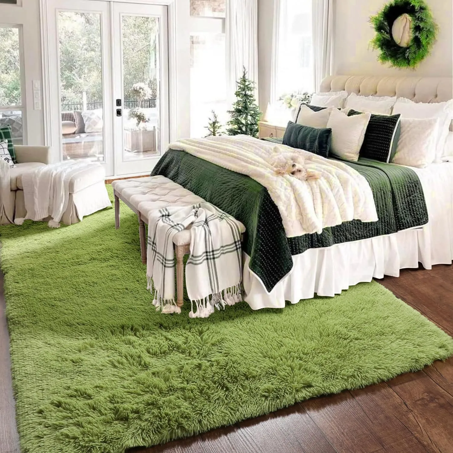 Amdrebio Grass Green Area Rugs 8x10 for Living Room Bedroom, Large Shag Fluffy Plush Rugs for Kids Room Baby Nursery Decor, Moss Fuzzy Fur Modern Floor Rug for Teen Boys, Shaggy Fuzzy Cool Big Carpet