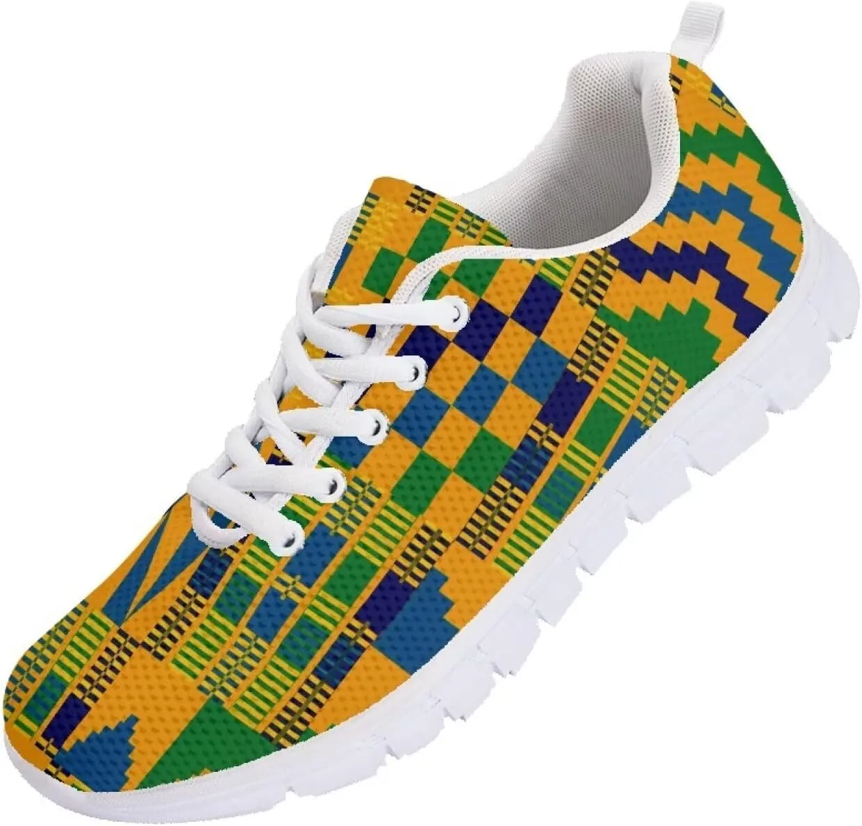AmzPrint American Aztect Kente Ethnic Graphic Tribal Print White Sole African Shoes for Women Men Fashion Casual Sneaker