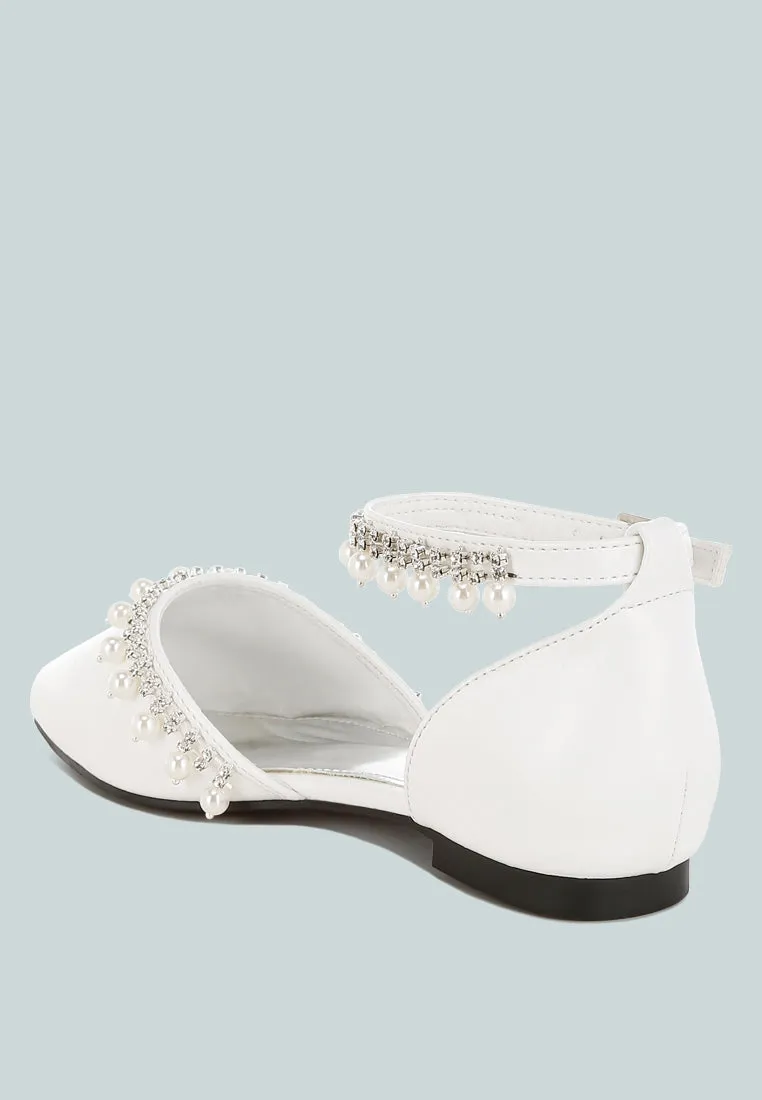 Aouva Rhinestone & Pearl Ankle Strap Flat Sandals