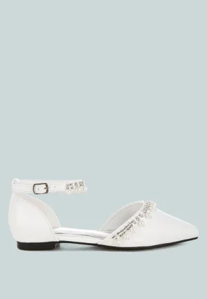 Aouva Rhinestone & Pearl Ankle Strap Flat Sandals