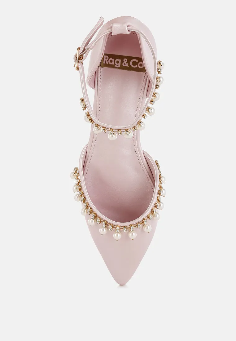 Aouva Rhinestone & Pearl Ankle Strap Flat Sandals