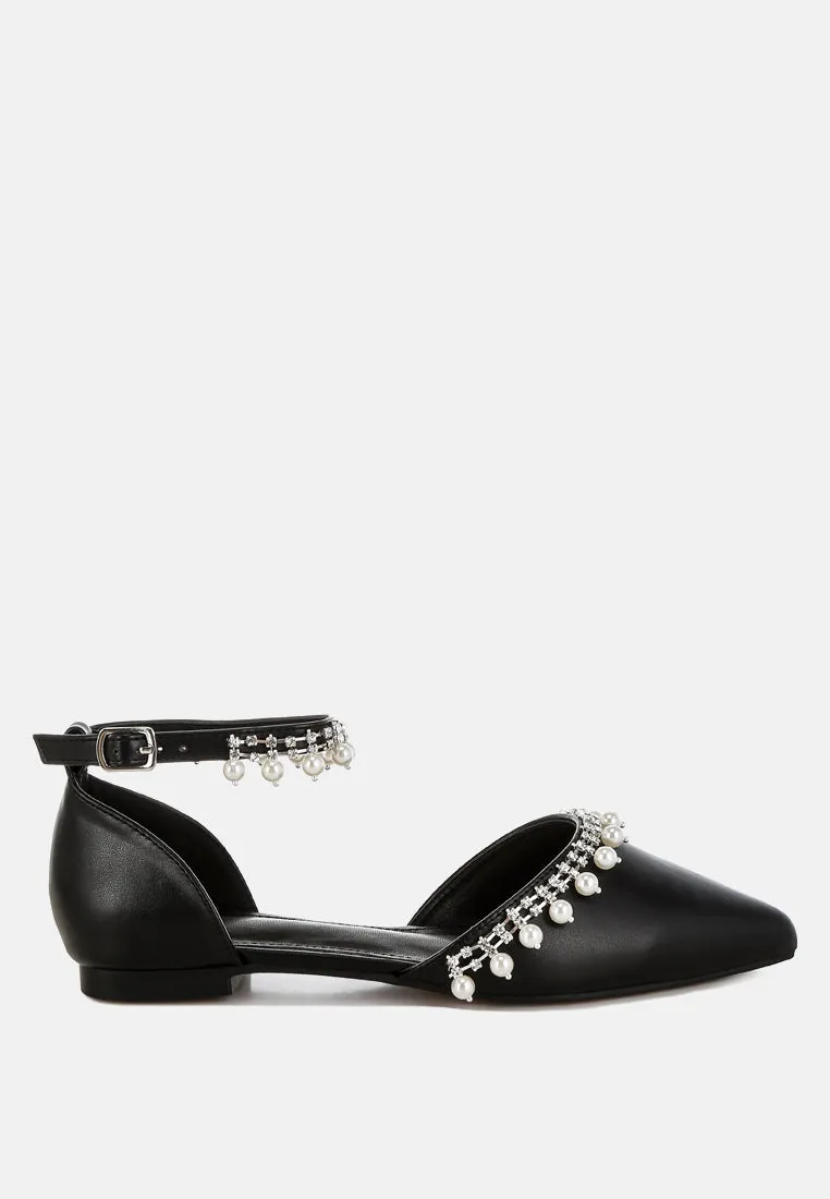 Aouva Rhinestone & Pearl Ankle Strap Flat Sandals