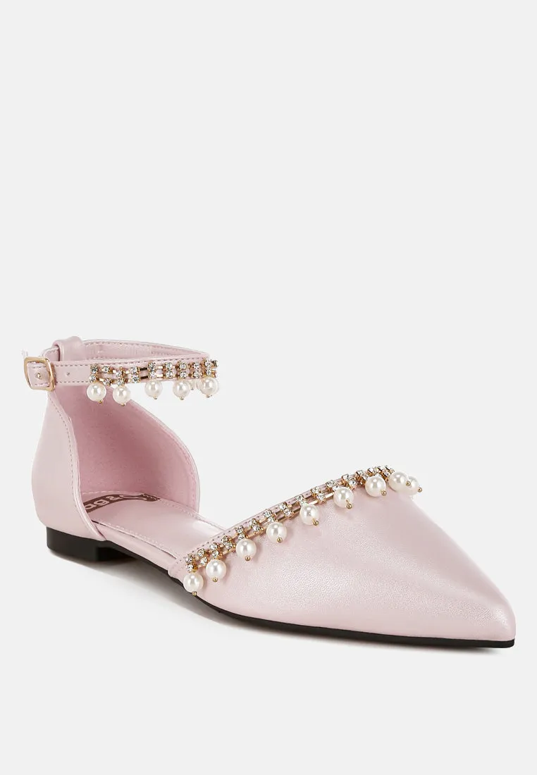 Aouva Rhinestone & Pearl Ankle Strap Flat Sandals