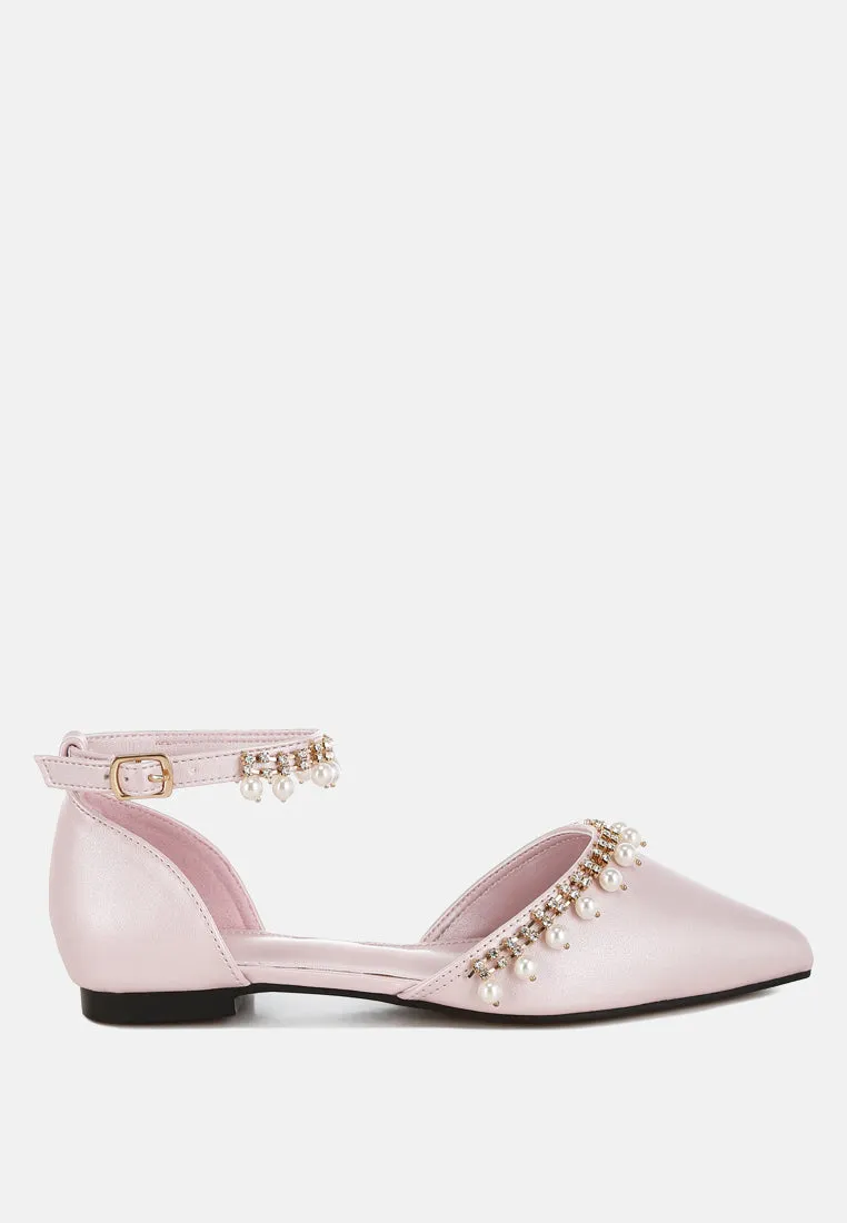 Aouva Rhinestone & Pearl Ankle Strap Flat Sandals