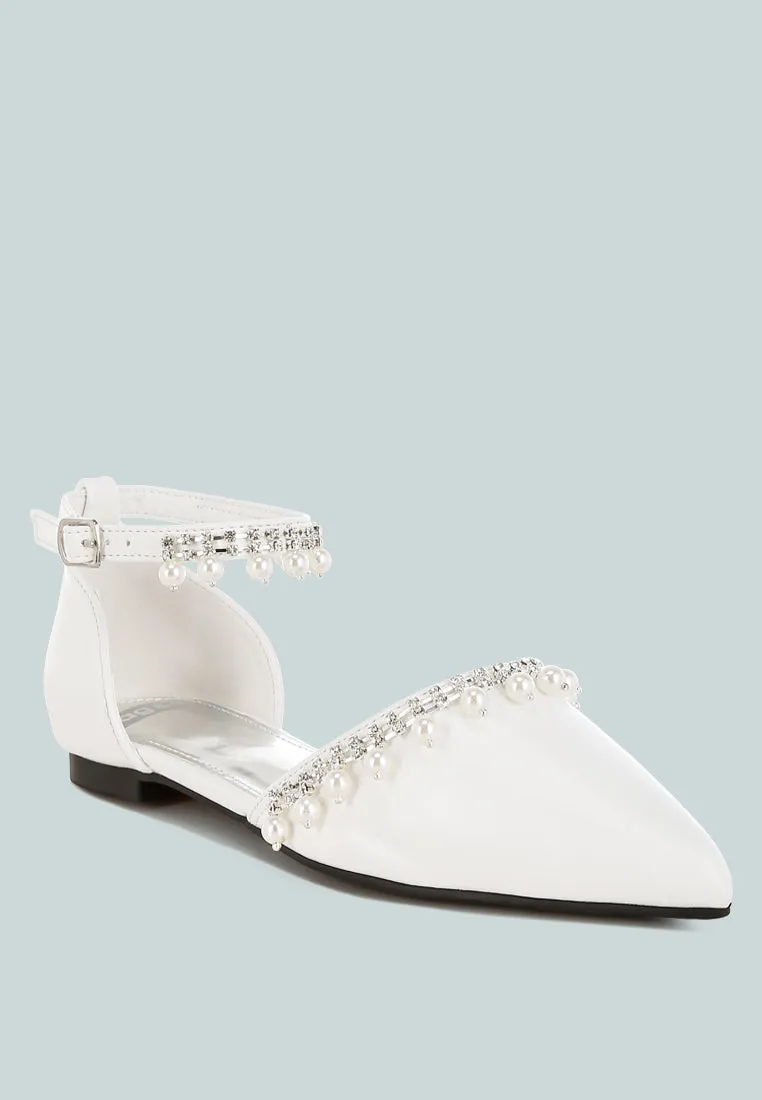 Aouva Rhinestone & Pearl Ankle Strap Flat Sandals