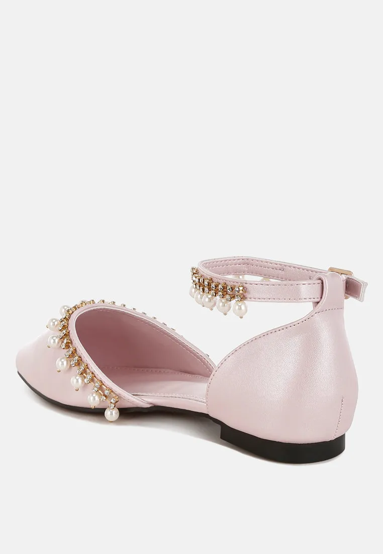 Aouva Rhinestone & Pearl Ankle Strap Flat Sandals