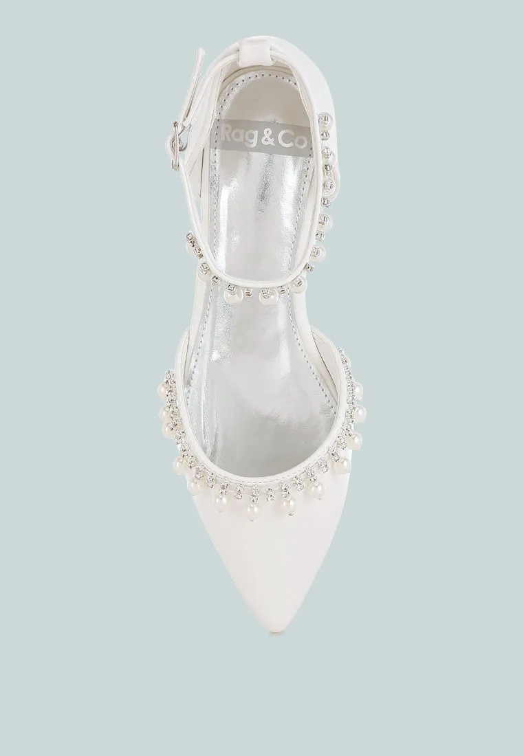 Aouva Rhinestone & Pearl Ankle Strap Flat Sandals