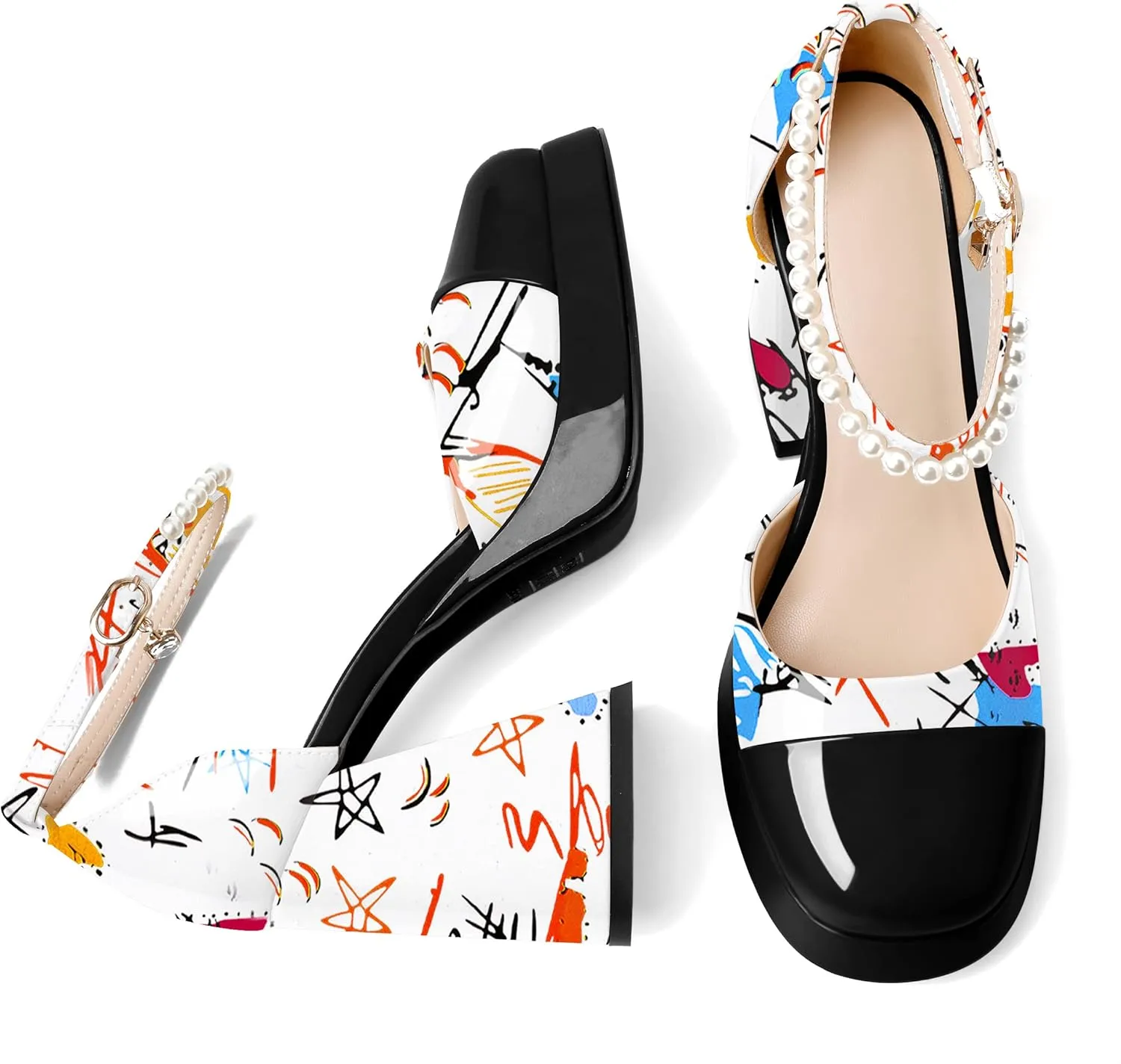 AUMOTED Women Chunky High Heels Platform Block Heels Closed Round Toe Pumps with Pearl Ankle Strap Patent Fashion Ladies Pumps Sandals 4 Inch