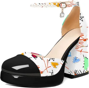 AUMOTED Women Chunky High Heels Platform Block Heels Closed Round Toe Pumps with Pearl Ankle Strap Patent Fashion Ladies Pumps Sandals 4 Inch