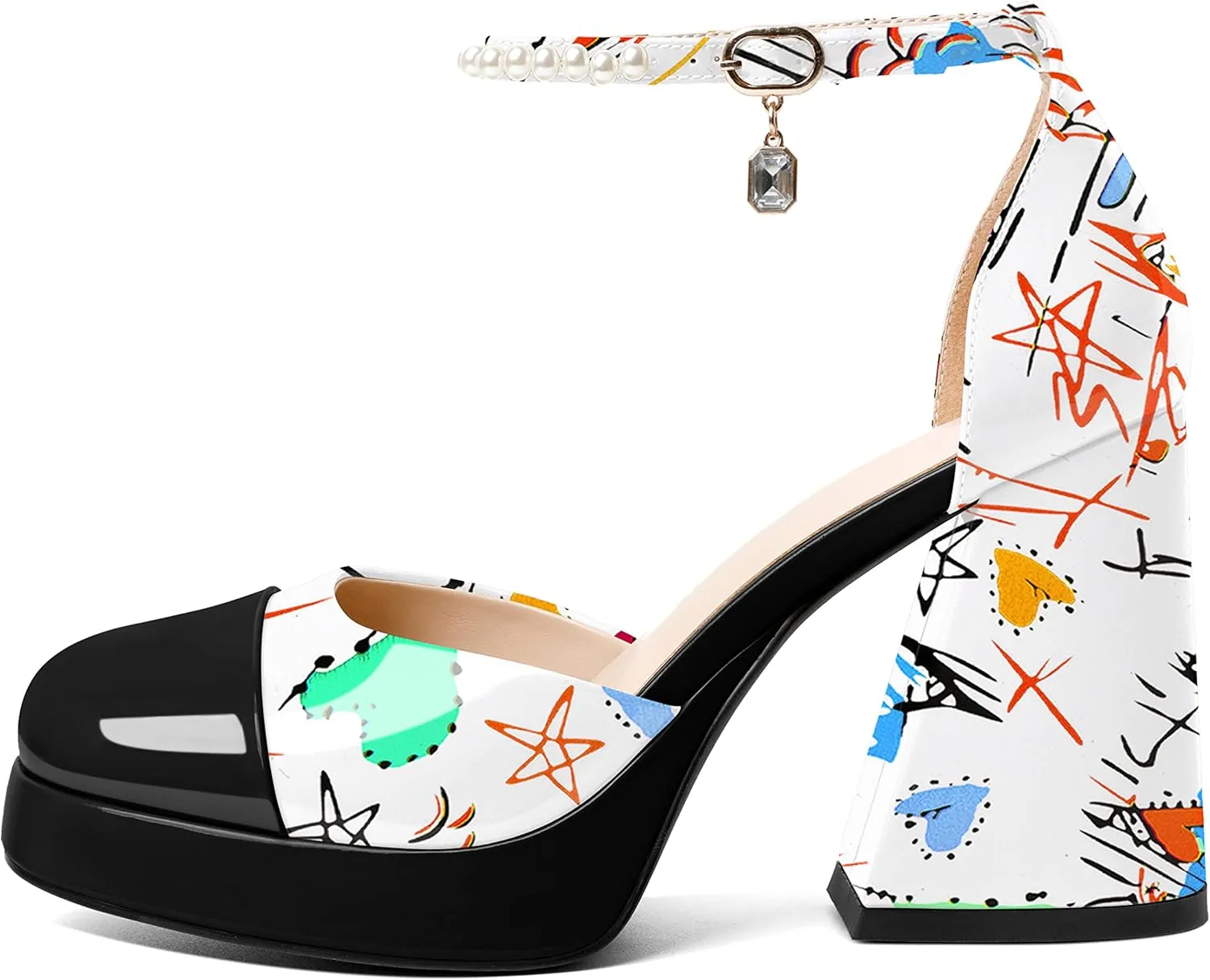 AUMOTED Women Chunky High Heels Platform Block Heels Closed Round Toe Pumps with Pearl Ankle Strap Patent Fashion Ladies Pumps Sandals 4 Inch