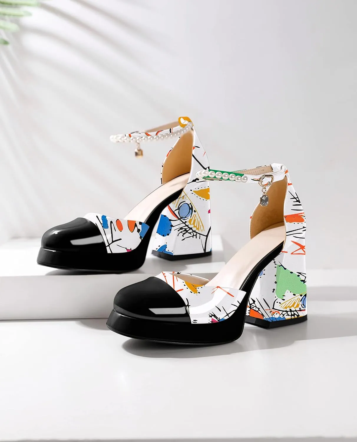 AUMOTED Women Chunky High Heels Platform Block Heels Closed Round Toe Pumps with Pearl Ankle Strap Patent Fashion Ladies Pumps Sandals 4 Inch