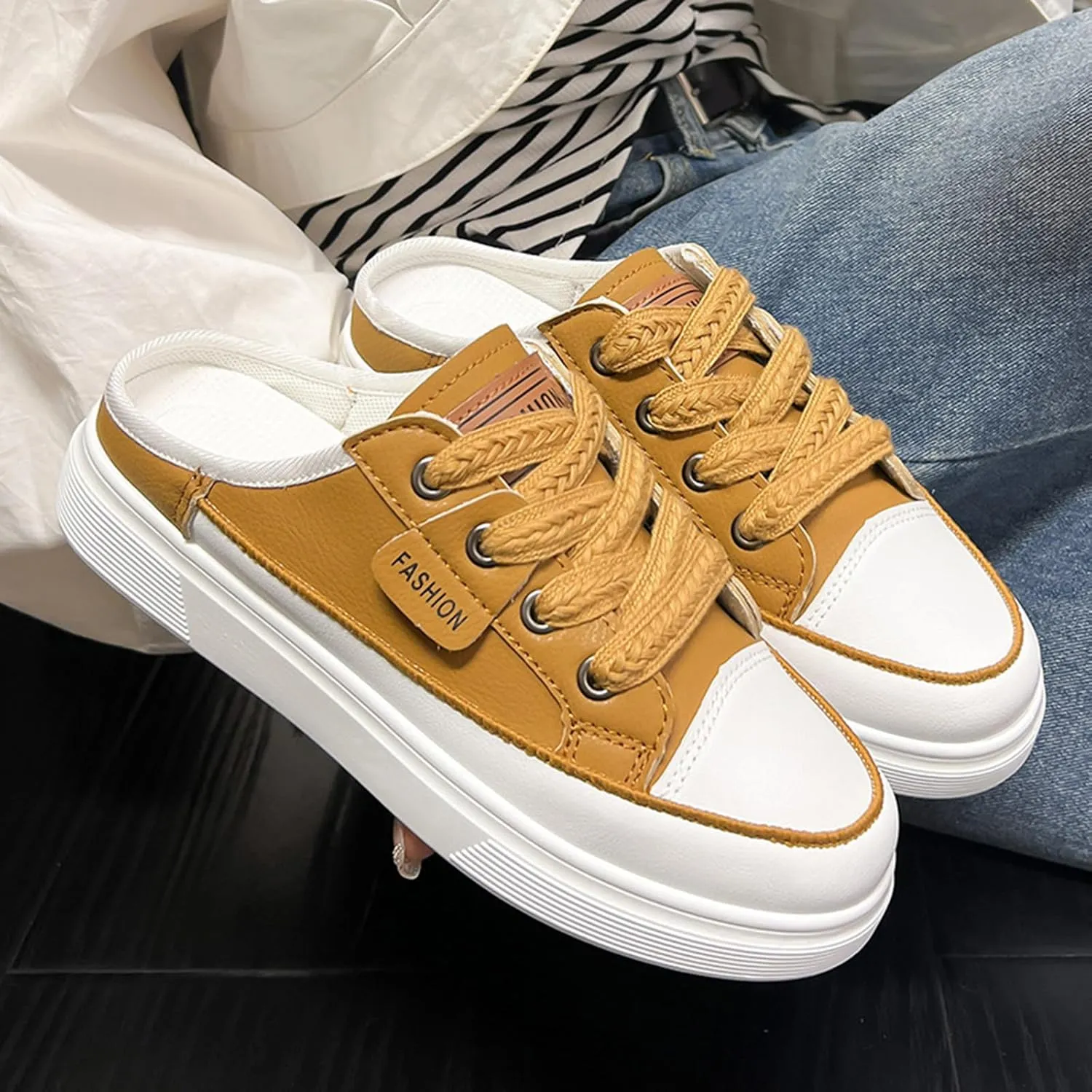 Backless Sneakers for Women Slip On Sneakers Flat Mule Shoes Clog Sneakers
