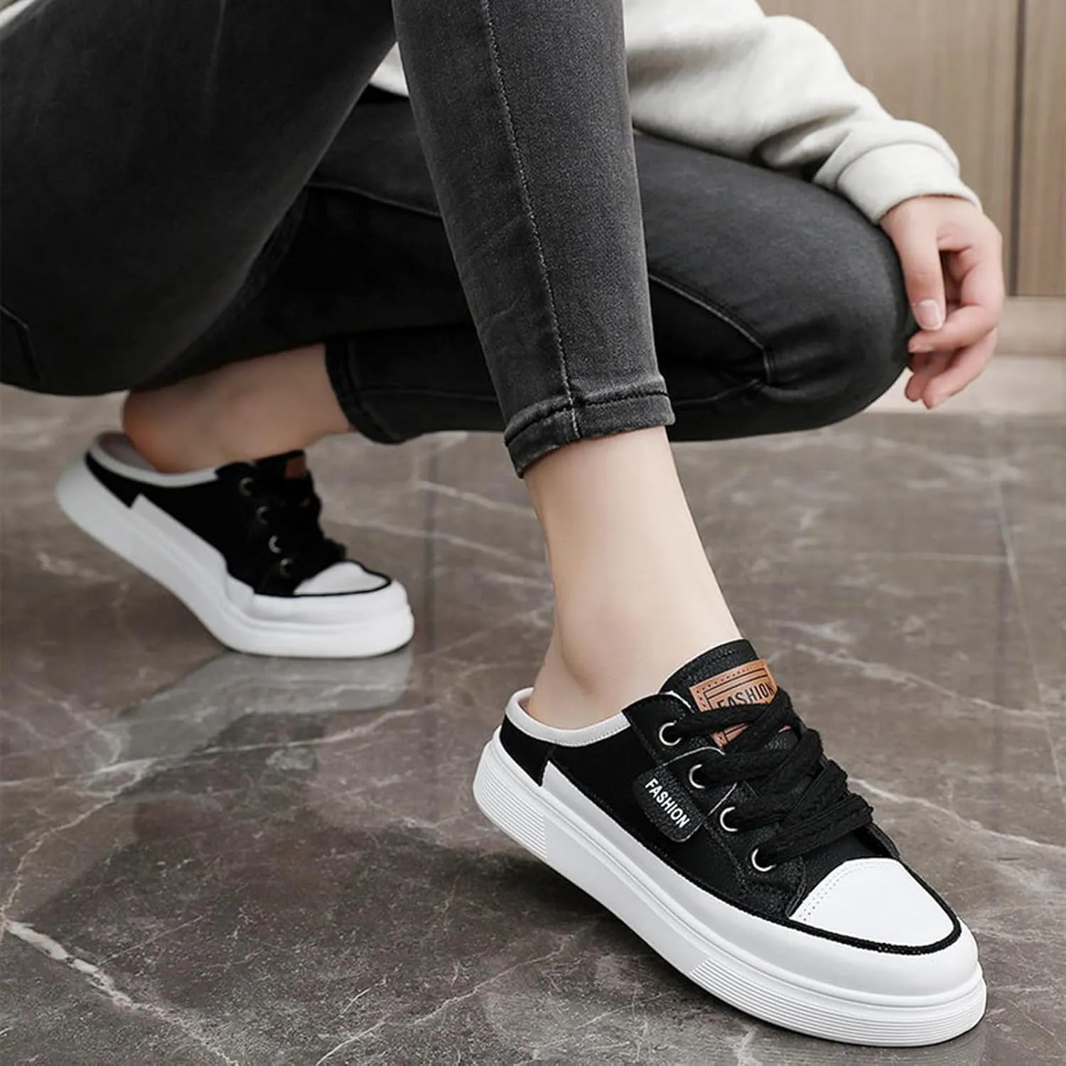 Backless Sneakers for Women Slip On Sneakers Flat Mule Shoes Clog Sneakers