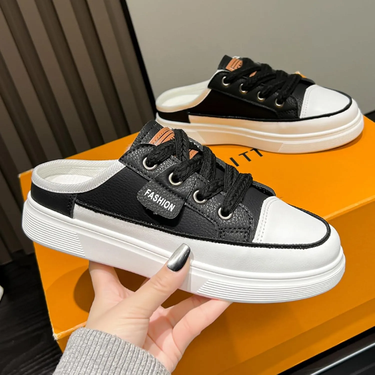Backless Sneakers for Women Slip On Sneakers Flat Mule Shoes Clog Sneakers