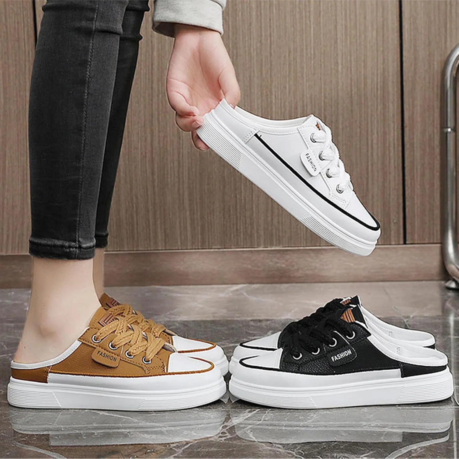 Backless Sneakers for Women Slip On Sneakers Flat Mule Shoes Clog Sneakers