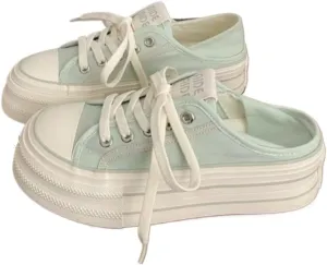 Backless Tennis Shoes for Women Coquette Mule Sneakers Slip on Backless Sneakers Platform Canvas Mules Non Slip Chunky Sole Lace Up Breathable Mesh Round Toe Lightweight Casual Slides Office Business