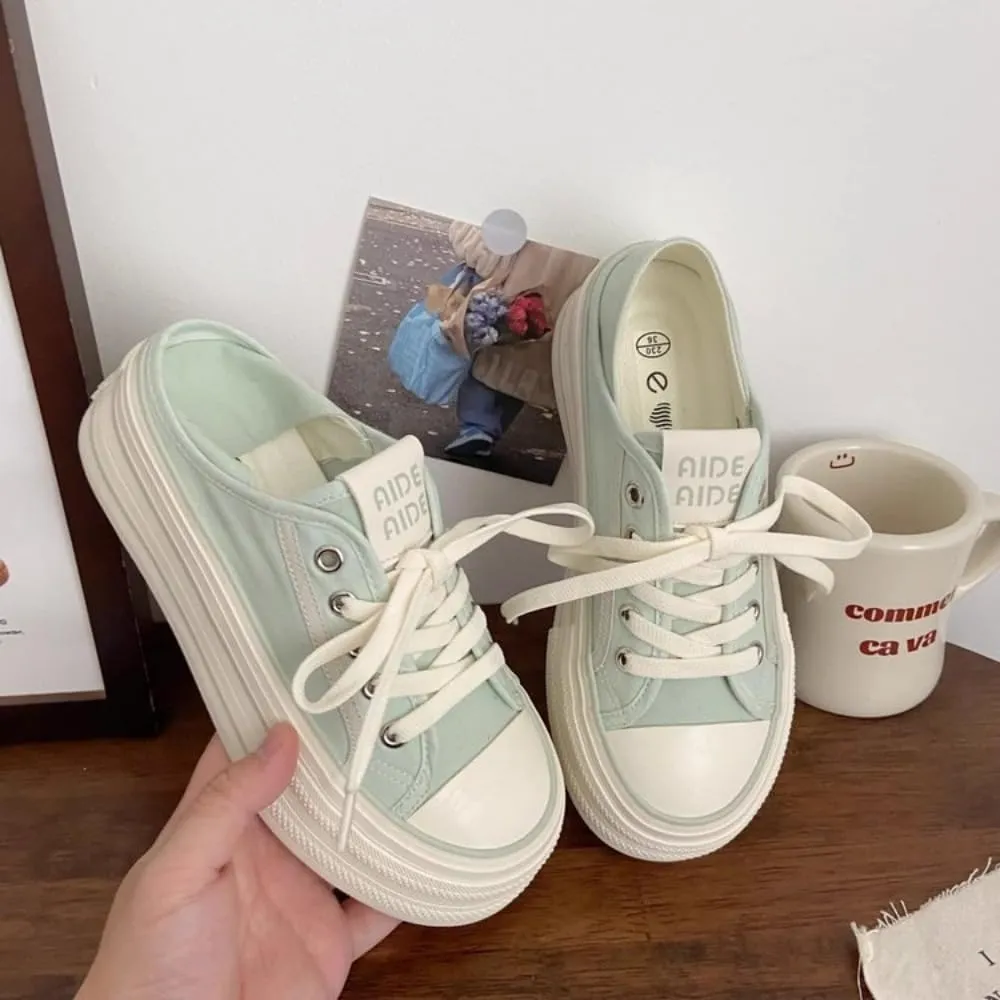 Backless Tennis Shoes for Women Coquette Mule Sneakers Slip on Backless Sneakers Platform Canvas Mules Non Slip Chunky Sole Lace Up Breathable Mesh Round Toe Lightweight Casual Slides Office Business