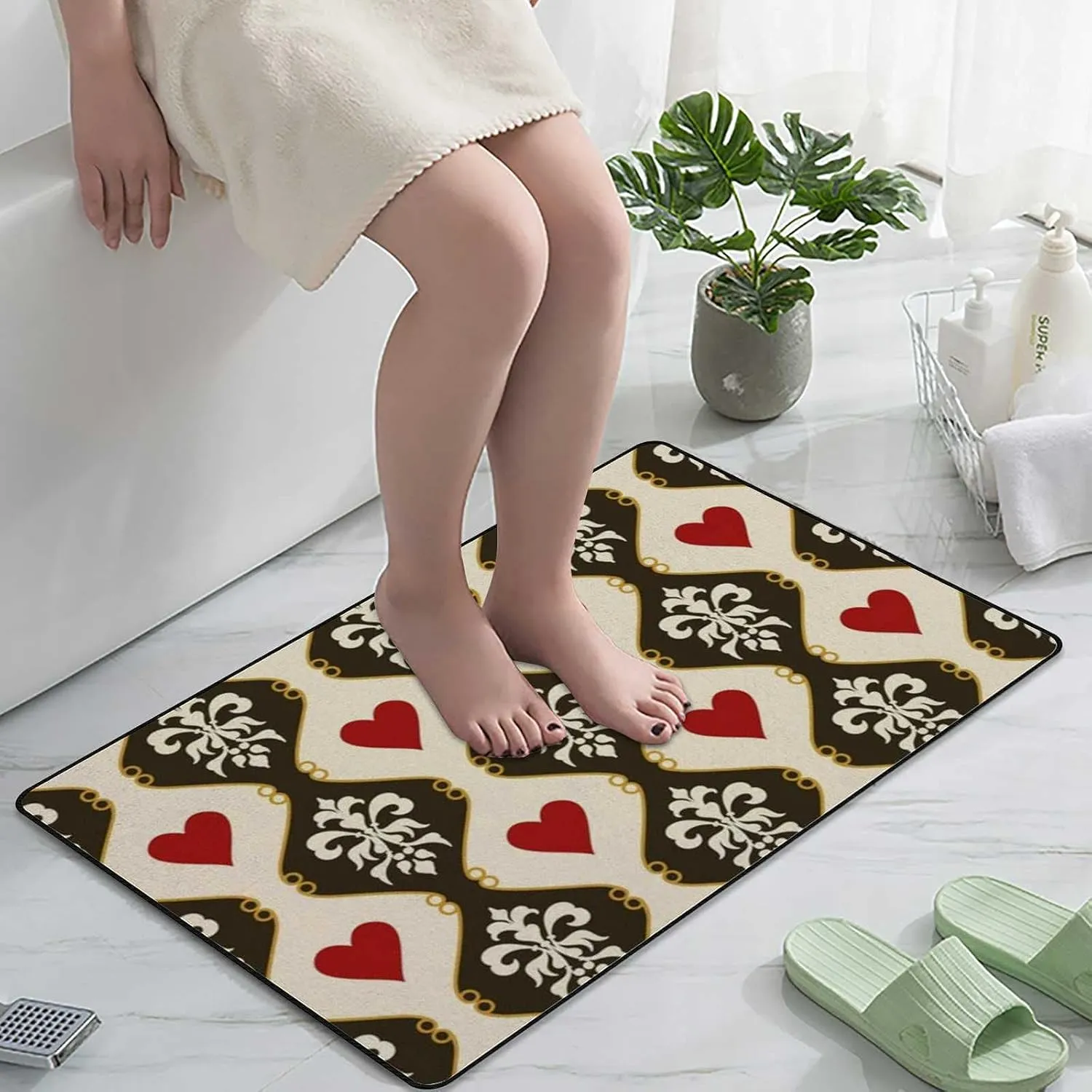 Bath Rug Non-Slip Bath Mat Victorian Hearts Absorbent Bathroom Shower Rug Soft Floor Carpet Microfiber Velvet Entryway Front Door Mat 31x20in
