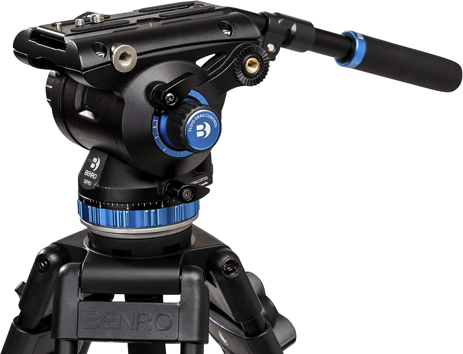 Benro S8 PRO Flat Base Fluid Video Head, 17.6 lb Max, 8 Step Counterbalance (0-7), 3/8"-16 Accessory Mounts, 3/8"-16 Head Mount, w/Pan Arm (S8PRO)