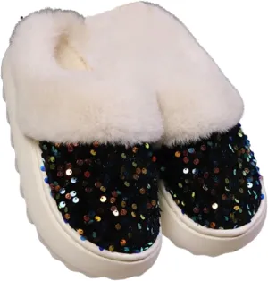 Bling Sequin Slippers for Women Men Fuzzy House Slip On Indoor Outdoor Furry Fleece Lined Ladies Home Shoes Anti-Skid Rubber Hard Thick Sole(42/43 EU, Black)