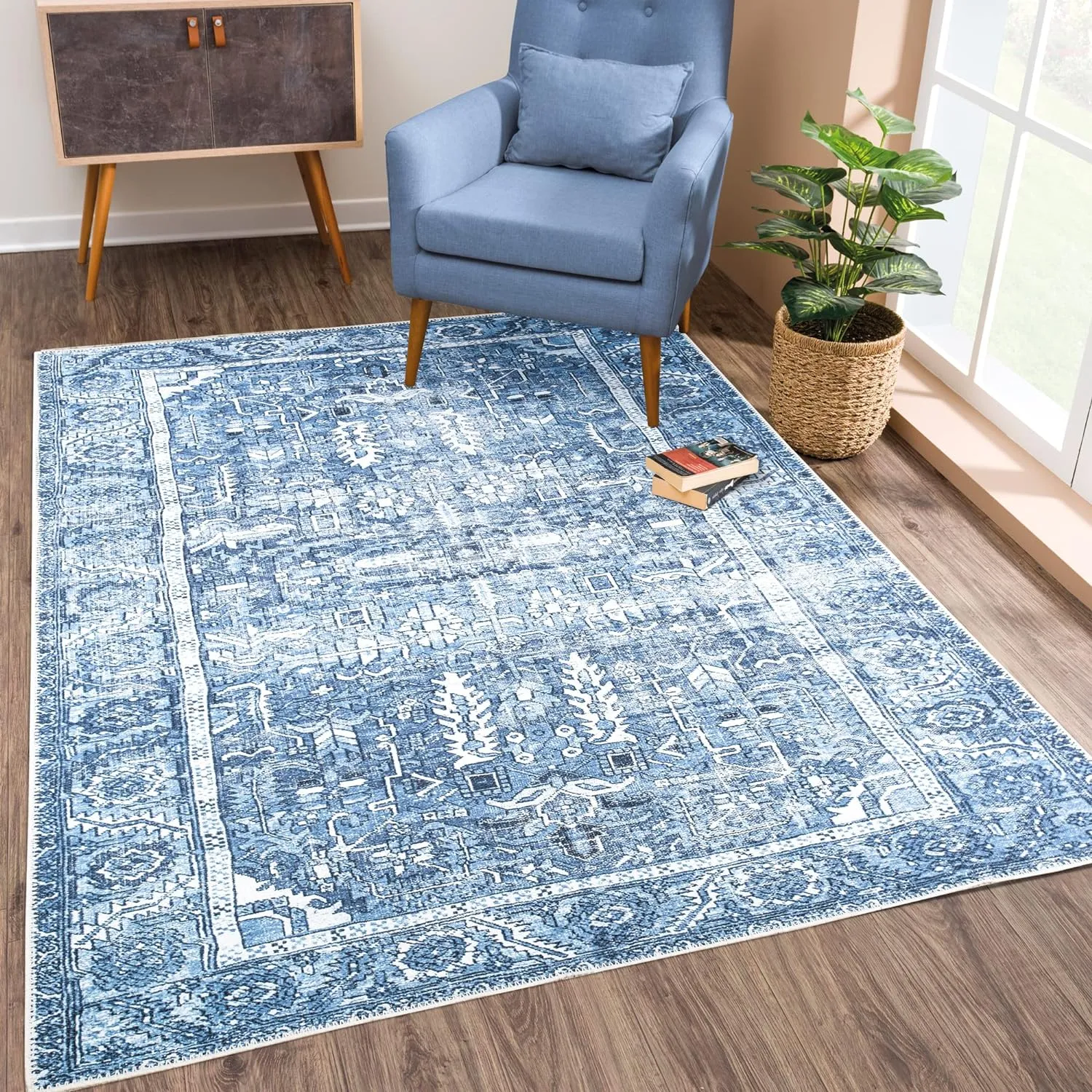 Bloom Rugs Washable Non-Slip 2' x 3' Rug - Blue Traditional Oriental Area Rug for Living Room, Bedroom, Dining Room, and Kitchen - Exact Size: 2' x 3'