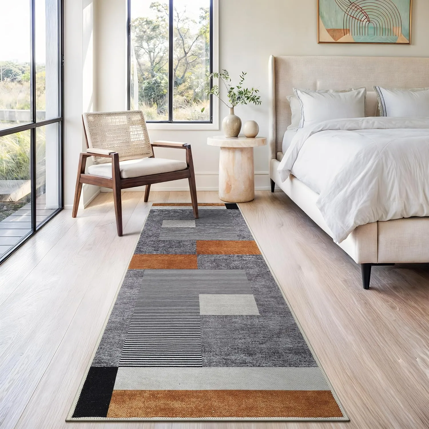 Bloom Rugs Washable Non-Slip 7 ft Runner - Charcoal Gray/Burnt Orange Modern Geometric Runner for Entryway, Hallway, Bathroom, and Kitchen - Exact Size: 2.5' x 7'