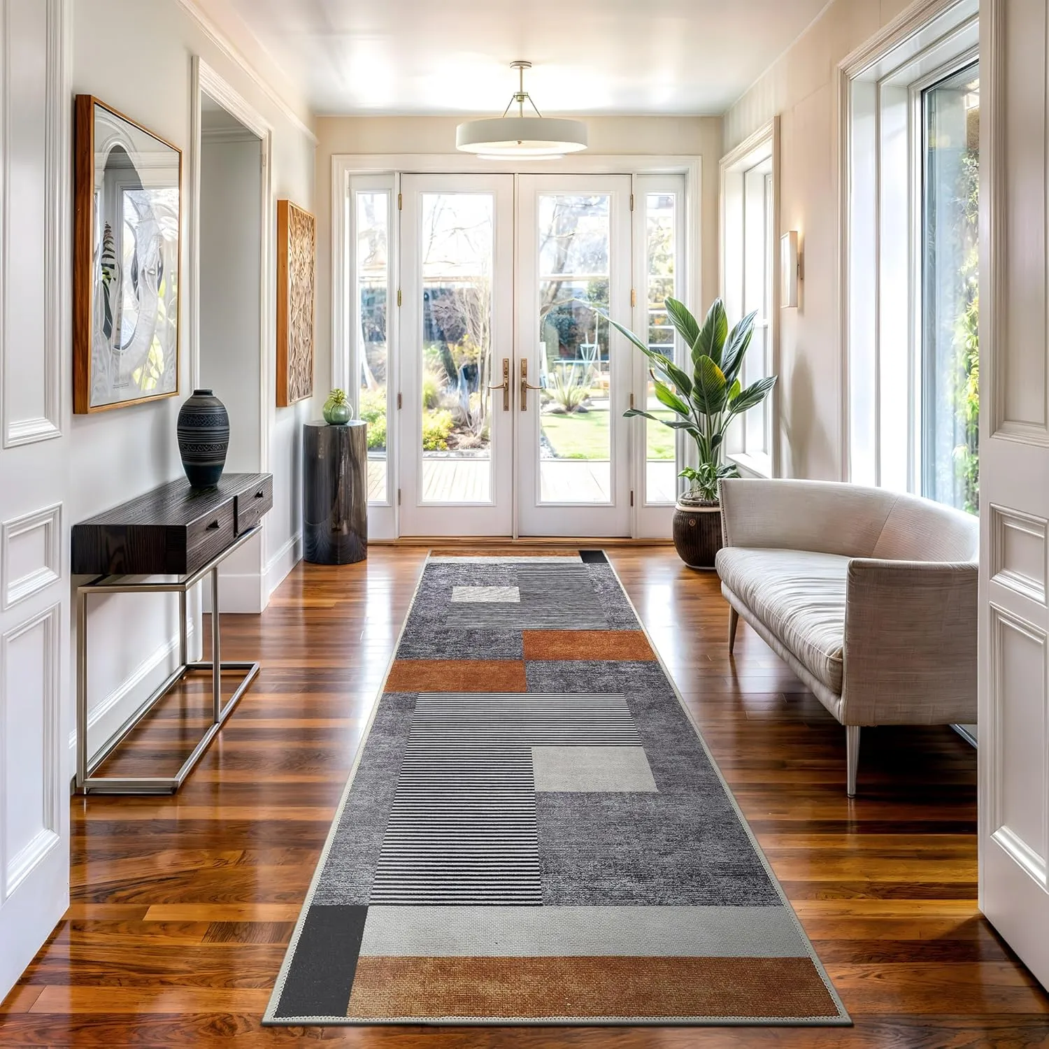 Bloom Rugs Washable Non-Slip 7 ft Runner - Charcoal Gray/Burnt Orange Modern Geometric Runner for Entryway, Hallway, Bathroom, and Kitchen - Exact Size: 2.5' x 7'