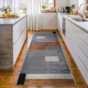 Bloom Rugs Washable Non-Slip 7 ft Runner - Charcoal Gray/Burnt Orange Modern Geometric Runner for Entryway, Hallway, Bathroom, and Kitchen - Exact Size: 2.5' x 7'
