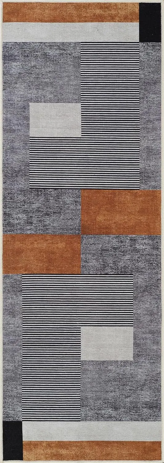 Bloom Rugs Washable Non-Slip 7 ft Runner - Charcoal Gray/Burnt Orange Modern Geometric Runner for Entryway, Hallway, Bathroom, and Kitchen - Exact Size: 2.5' x 7'