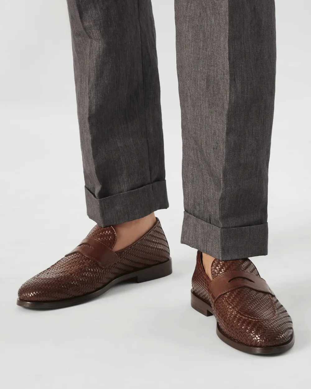 Braided Leather Penny Loafer in Brown