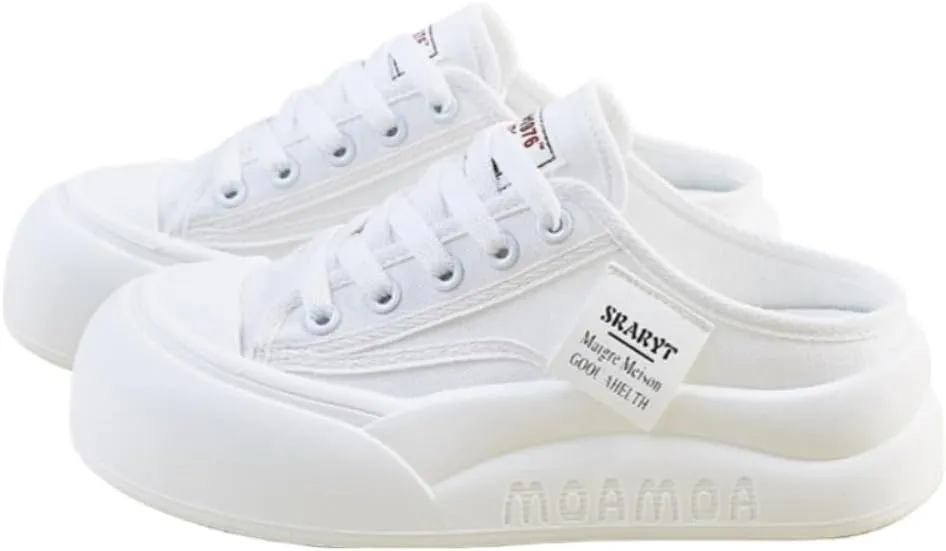 Breathable Backless Tennis Shoes for Women Slip on Mule Sneakers Wide Width Open Back Sneakers Platform Canvas Mules Non Slip Chunky Sole Lace Up Cute Round Toe Lightweight Casual Slides Retro Summer