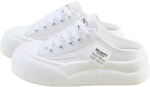 Breathable Backless Tennis Shoes for Women Slip on Mule Sneakers Wide Width Open Back Sneakers Platform Canvas Mules Non Slip Chunky Sole Lace Up Cute Round Toe Lightweight Casual Slides Retro Summer