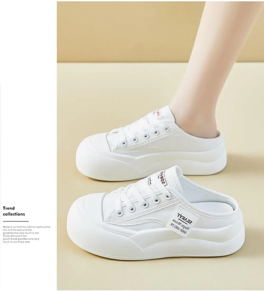 Breathable Backless Tennis Shoes for Women Slip on Mule Sneakers Wide Width Open Back Sneakers Platform Canvas Mules Non Slip Chunky Sole Lace Up Cute Round Toe Lightweight Casual Slides Retro Summer