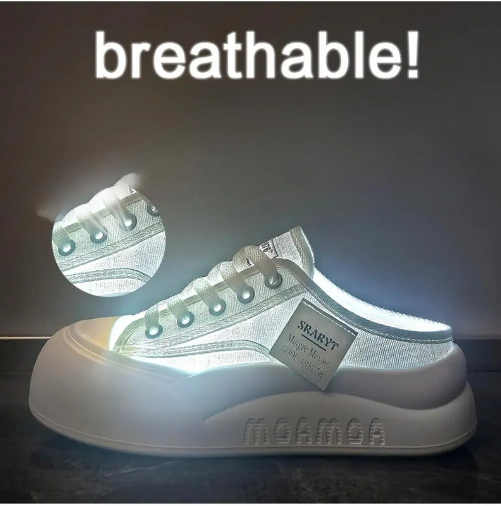 Breathable Backless Tennis Shoes for Women Slip on Mule Sneakers Wide Width Open Back Sneakers Platform Canvas Mules Non Slip Chunky Sole Lace Up Cute Round Toe Lightweight Casual Slides Retro Summer