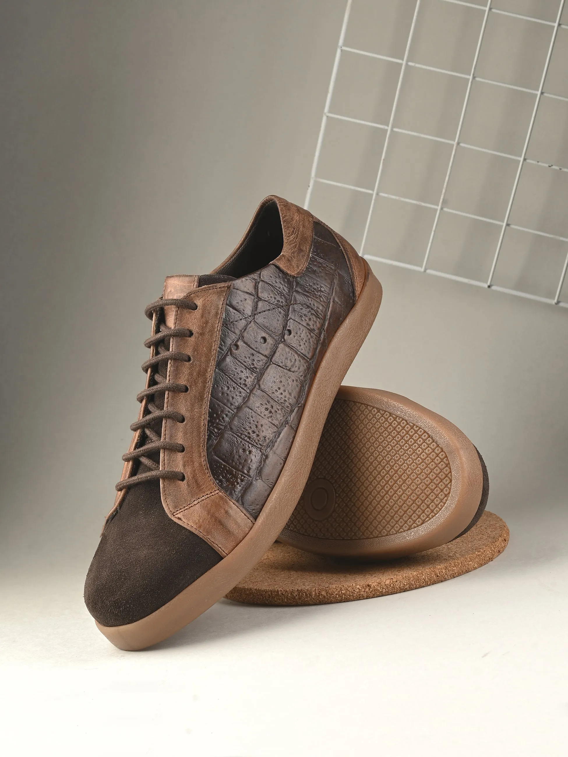 Carlo Romano Brown Italian Crocodile printed Genuine Leather Sneaker For Men