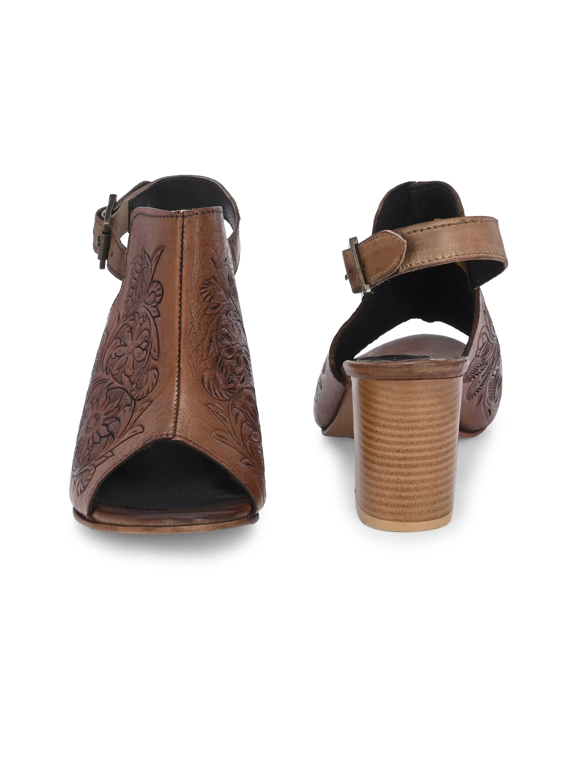 CARLO ROMANO BY WASAN TAN COLOR  GENUINE TERRACOTTA LEATHER FLORAL PRINT SANDAL FOR WOMEN