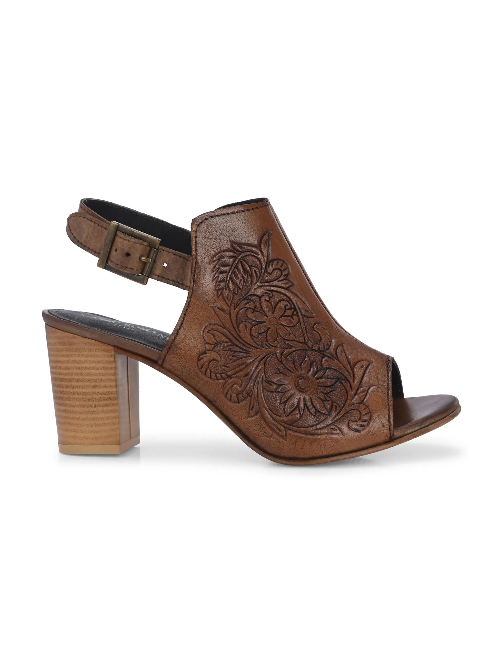 CARLO ROMANO BY WASAN TAN COLOR  GENUINE TERRACOTTA LEATHER FLORAL PRINT SANDAL FOR WOMEN